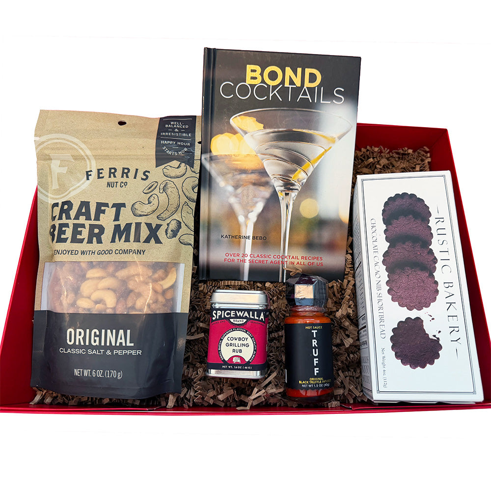 Gift box with Ferris Craft Beer Mix, Bond Cocktails book, Spicewalla product, Truff, and Rustic Bakery items.